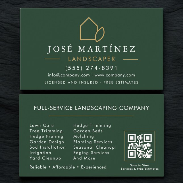 Tarjeta De Visita QR Code Landscaper Lawn Care Green Gold (Subido por el creador)