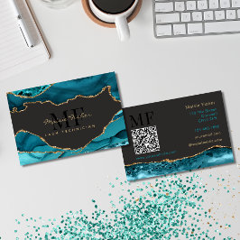 Tarjeta De Visita QR Code Lashes Teal Turquoise Gold Agate Monogram
