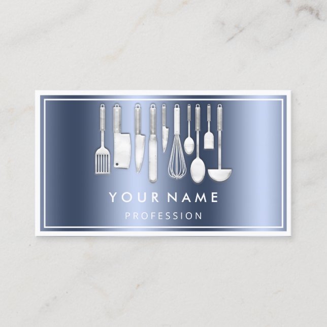 Tarjeta De Visita QR CODE Logo Restaurante Cocina Dieta Chef Azul (Anverso)