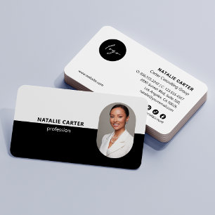 Tarjeta De Visita QR CODE Logotipo OVAL Foto profesional MODA NEGRA