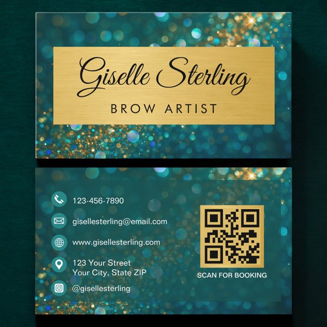 Tarjeta De Visita QR Code Luxury Brow Artist Gold Teal Glitter  (Subido por el creador)