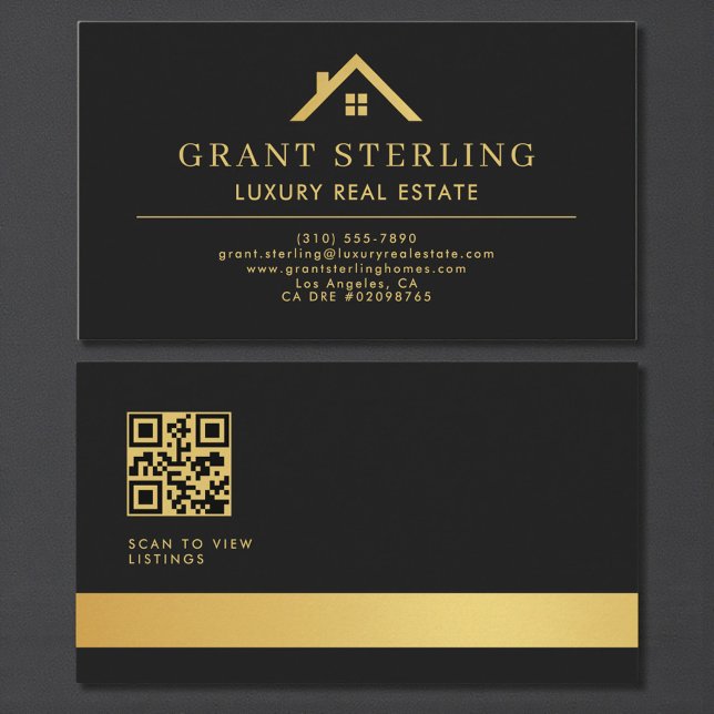 Tarjeta De Visita QR Code Luxury Real Estate Agent Black Gold (Subido por el creador)