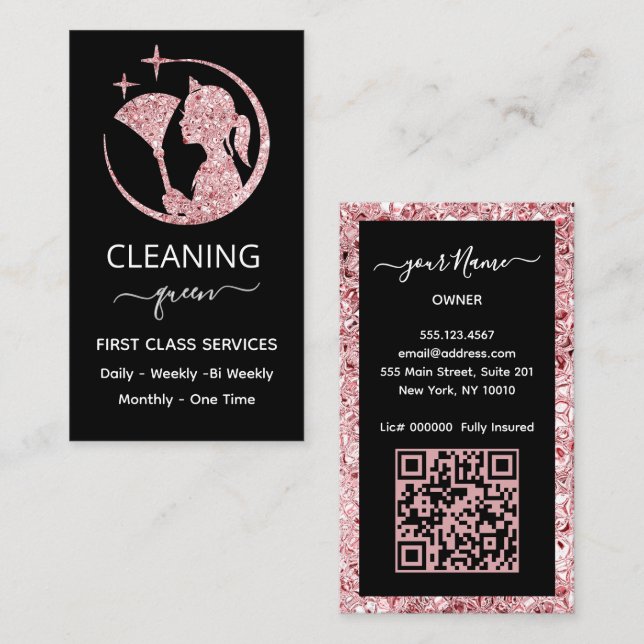 Tarjeta De Visita QR code Maid Rose Pink Cleaning Service (Anverso / Reverso)