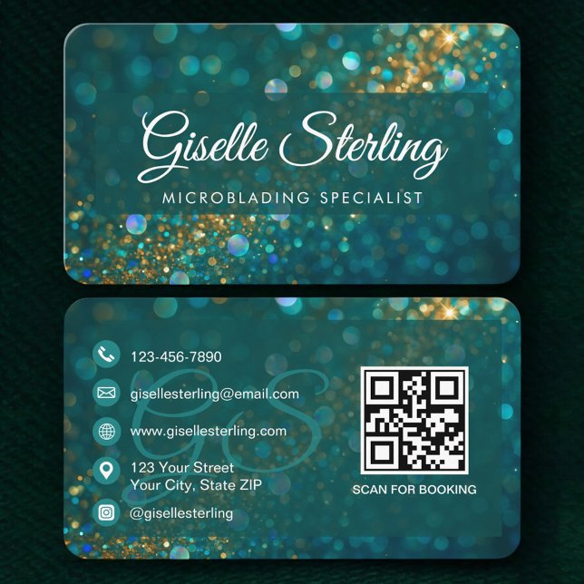 Tarjeta De Visita QR Code Microblading Teal Gold Glitter  (Subido por el creador)