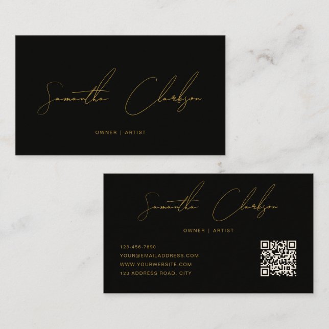 Tarjeta De Visita QR Code Modern Black & Gold Handwritten Script (Anverso / Reverso)