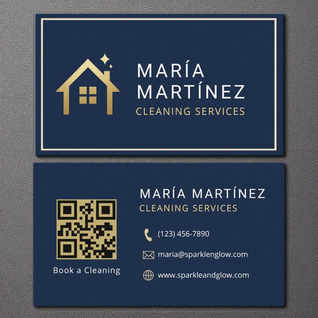 Tarjeta De Visita QR Code Navy Blue Gold Cleaning Services (Subido por el creador)