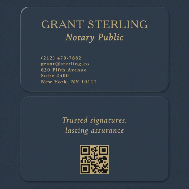 Tarjeta De Visita QR Code Notary Public Navy Blue Gold (Subido por el creador)