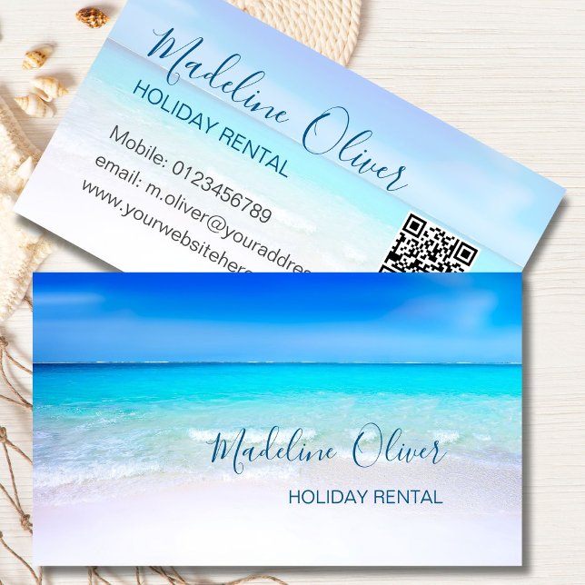 Tarjeta De Visita QR Code Ocean Beach Holiday Rental Blue Stylish (Subido por el creador)