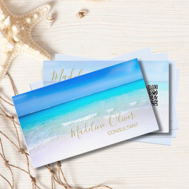 Tarjeta De Visita QR Code Ocean Beach Sea Travel Aqua Blue Gold (Subido por el creador)