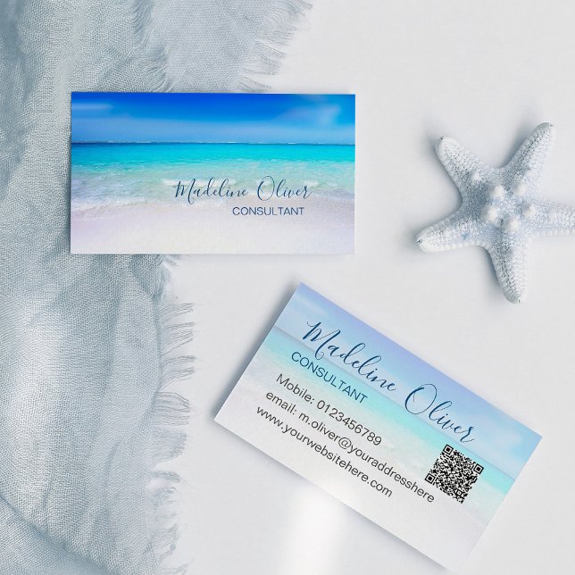 Tarjeta De Visita QR Code Ocean Beach Sea Travel Aqua Blue Stylish (Subido por el creador)