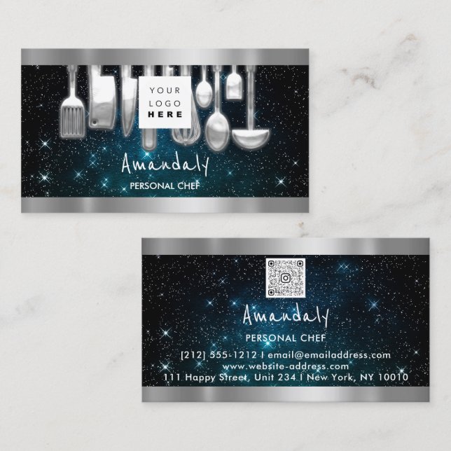 Tarjeta De Visita QR Code Personal Chef Cooking Restaurant Verde azu (Anverso / Reverso)