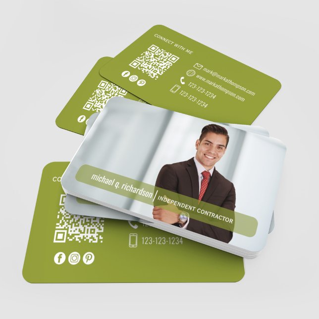 Tarjeta De Visita QR Code Photo Contact Olive Green Modern  (Olive green QR code photo business cards stacked with modern contact design)