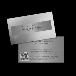 Tarjeta De Visita QR CODE purpurina de plata salón de belleza modern