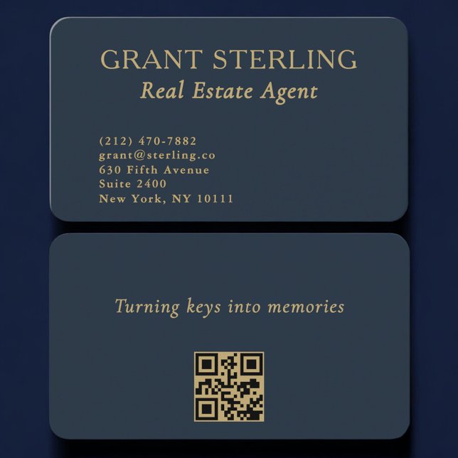 Tarjeta De Visita QR Code Real Estate Agent Navy Blue Gold  (Subido por el creador)