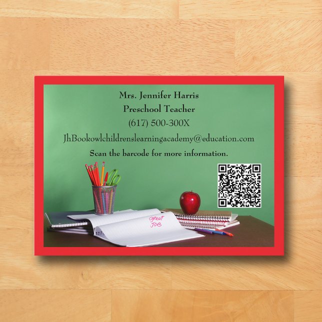 Tarjeta De Visita QR Code Red Grade School Preschool Teacher  (Red Business Card for Teacher )