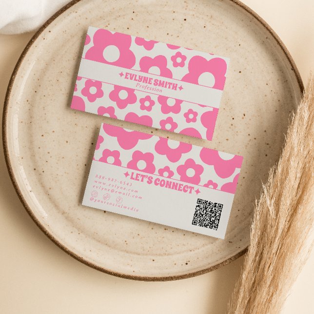 Tarjeta De Visita QR Code Retro Pink Groovy Floral Boho Girly Trendy (Subido por el creador)