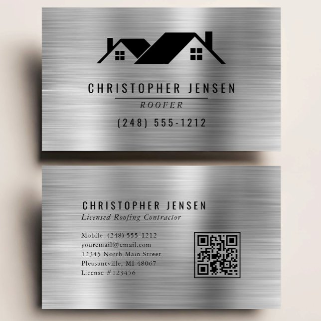 Tarjeta De Visita QR Code Roofing Business Black Silver Metallic (Subido por el creador)