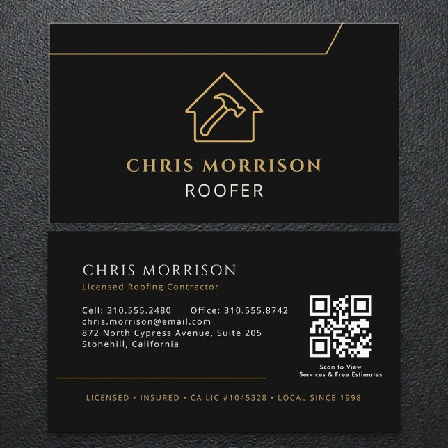 Tarjeta De Visita QR Code Roofing Roofer Professional Black Gold (Subido por el creador)
