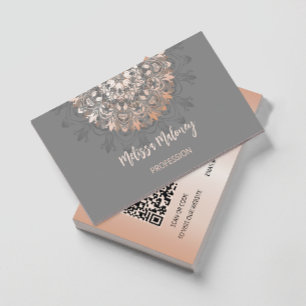 Tarjeta De Visita QR Code   Rose Gold Gray Floral Mandala