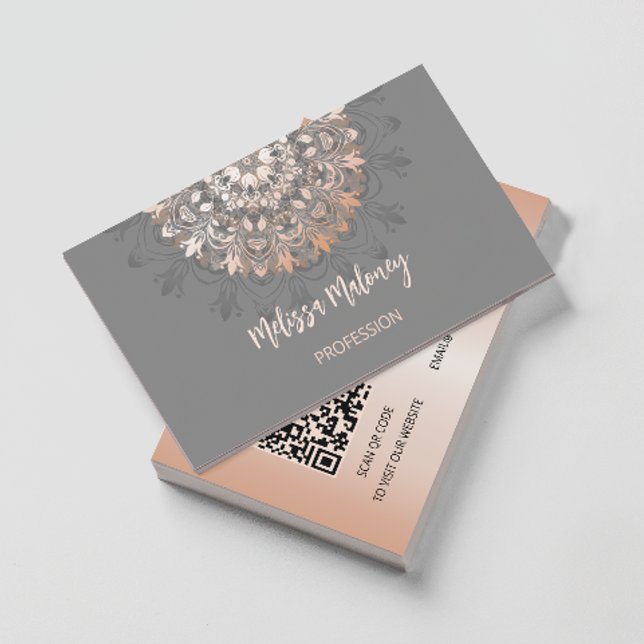 Tarjeta De Visita QR Code | Rose Gold Gray Floral Mandala  (Subido por el creador)