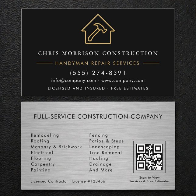 Tarjeta De Visita QR Code Silver Metallic Handyman Construction  (Subido por el creador)
