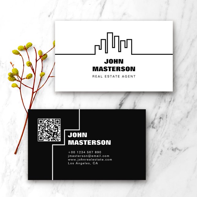 Tarjeta De Visita QR Code Simple White & Black Real Estate Agent (Subido por el creador)