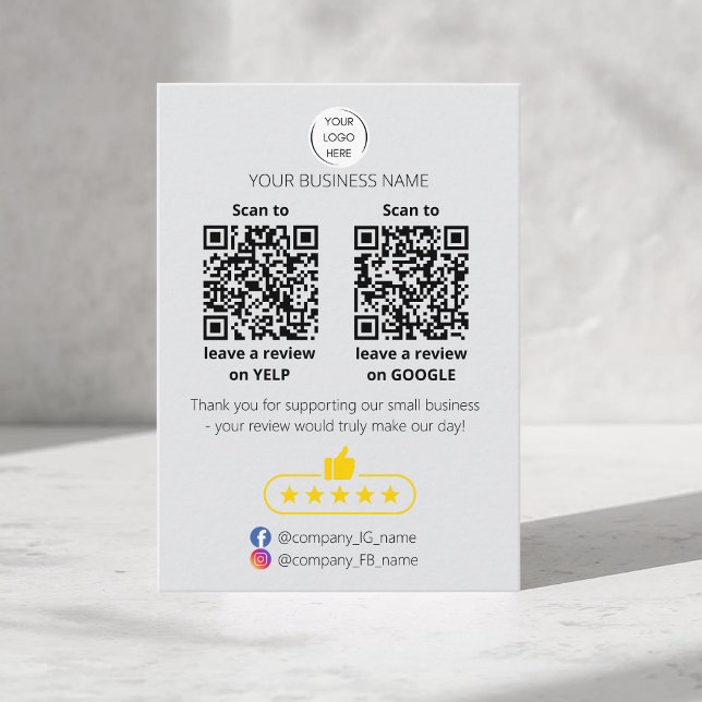 Tarjeta De Visita QR code small business review GOOGLE and YELP  (QR-code "leave a review" business card. Five stars review. Custom logo, yelp and google)
