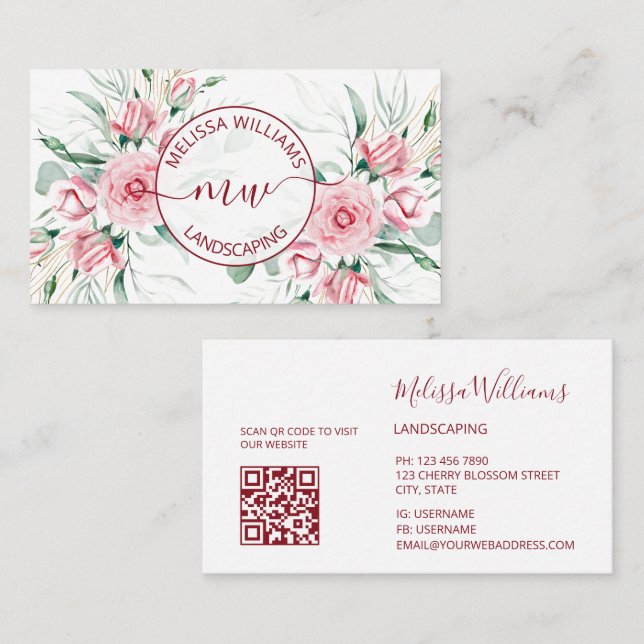 Tarjeta De Visita QR Code |  Watercolor Pink Roses Logo (Anverso / Reverso)