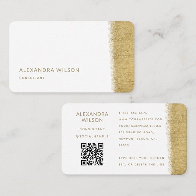Tarjeta De Visita QR Code White Gold Brush Elegant Profesional (Anverso / Reverso)