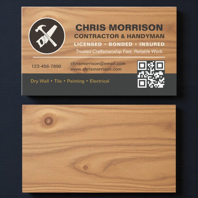 Tarjeta De Visita QR Code Wood Contractor Handyman Tools Logo (Subido por el creador)