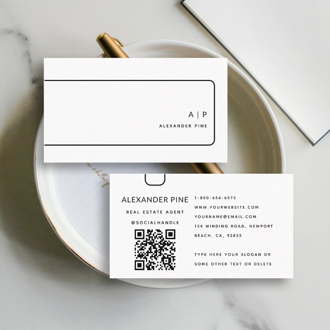 Tarjeta De Visita QR Código blanco negro Monograma profesional elega (simple elegant professional corporate generic business card black white qr code website geometric)