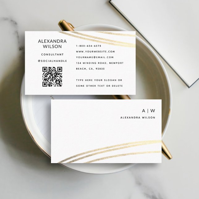 Tarjeta De Visita QR Código blanco Oro firma simple profesional (simple elegant professional  generic business card black white gold qr code website monogram sleek)