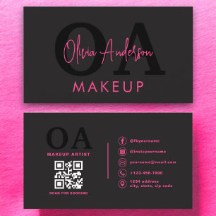 Tarjeta De Visita QR Código de maquillaje artista Hot Pink Black Med