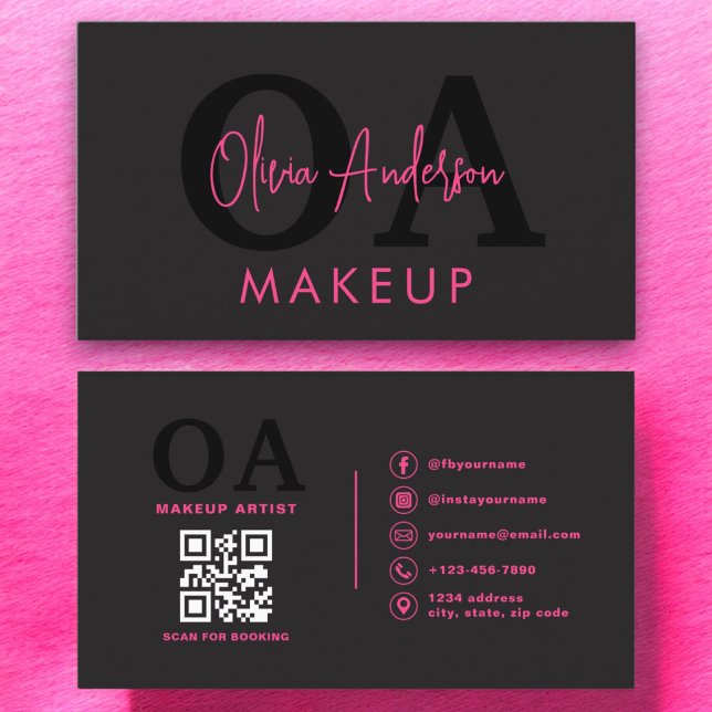 Tarjeta De Visita QR Código de maquillaje artista Hot Pink Black Med (Subido por el creador)