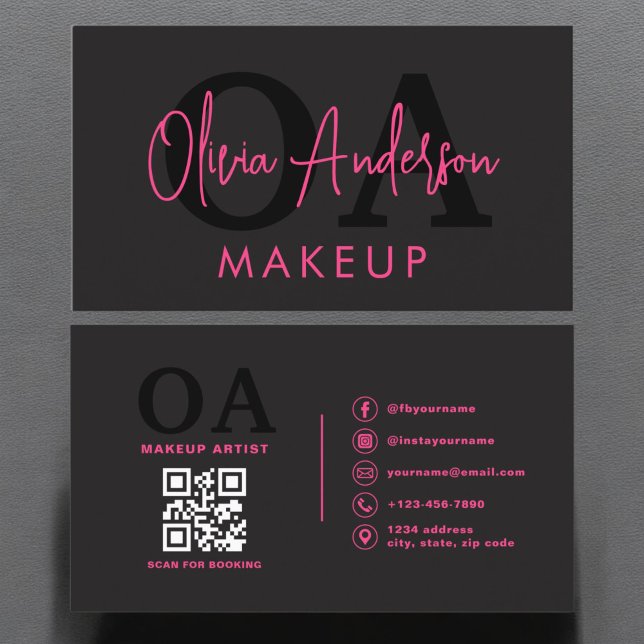 Tarjeta De Visita QR Código de maquillaje artista Hot Pink Black Med (Subido por el creador)