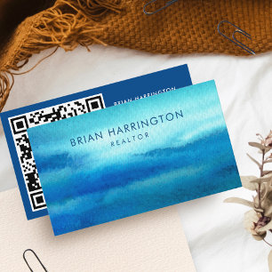 Tarjeta De Visita QR Código escaneado color de agua azul moda coster