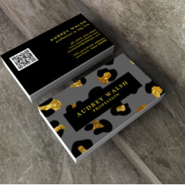 Tarjeta De Visita QR CÓDIGO Glam Purpurina Oro Leopardo Gris impresi