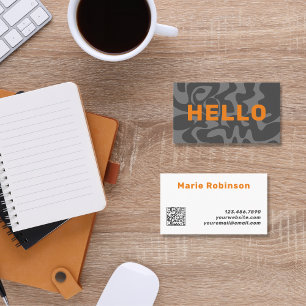 Tarjeta De Visita QR Código Groovy Naranja Gris Retro Squiggys