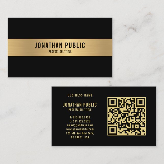 Tarjeta De Visita QR Código Negro y Gold Elegante Profesional Glossy (Anverso / Reverso)
