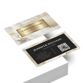 Tarjeta De Visita QR Código Oro Marble Blanco Elegante Moderno