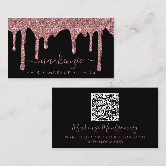 Tarjeta De Visita QR Código Rosa negro Perforaciones de Purpurina de (Anverso / Reverso)