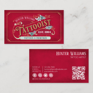 Tarjeta De Visita QR Código Vintage Tattoo Artista Red Profesional