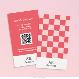 Tarjeta De Visita QR Cuadriculado Rosa Rojo con Estilo