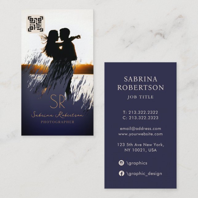 Tarjeta De Visita QR de Fotógrafo Profesional Navy Azul y Oro (Anverso / Reverso)