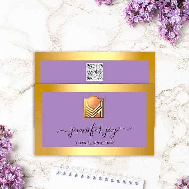 Tarjeta De Visita QR del logotipo Gold Purple del agente de consulto (Finance Consulting Broker Gold Purple Logo QR Business Card)