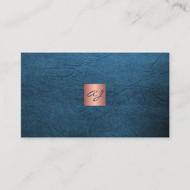 Tarjeta De Visita QR elegant luxury blue leather rose gold monogram  (Anverso)