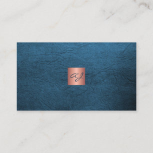 Tarjeta De Visita QR elegante lujo azul cuero rosa dorado monograma