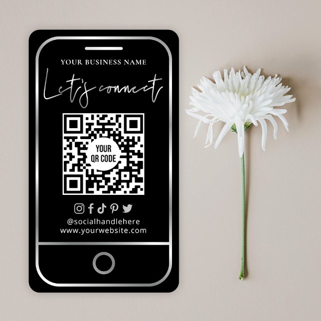 Tarjeta De Visita QR escaneable en negro y plata en medios sociales  (Subido por el creador)