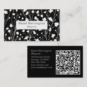 Tarjeta de visita QR floral moderna en blanco y ne
