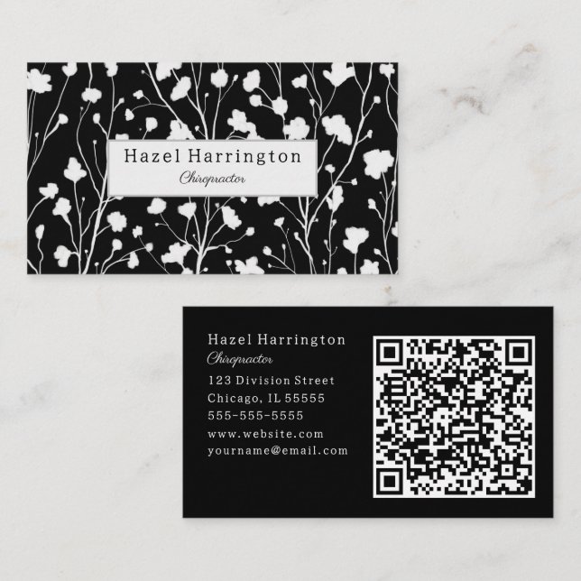 Tarjeta de visita QR floral moderna en blanco y ne (Anverso / Reverso)
